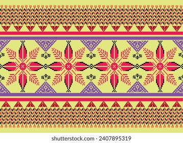 Ikat pattern fabric flower red yellow pixel Abstract Aztec symbol illustration geometric shape vector pattern Ethic nature native tribal work background backdrop wallpaper print textile clothing 