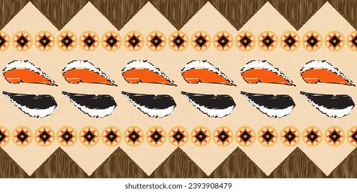 the ikat pattern feather and star orange color on the egg color background, seamless pattern background.