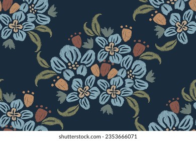 Ikat pattern floral embroidery background, flower motifs seamless pattern. Ethnic oriental pattern traditional.Aztec style abstract pattern vector illustration. Design for texture,fabric,clothing,rug.