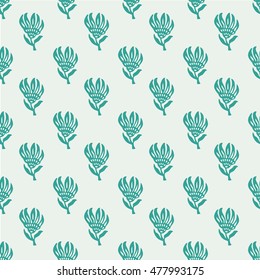 Ikat pattern floral pattern with turquoise leaves seamless background