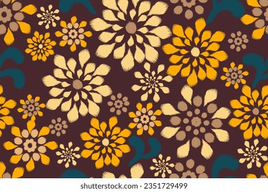 Ikat pattern flower seamless paisley embroidery with floral motifs. Ethnic pattern oriental traditional Aztec African style. Ikat pattern seamless vector illustration design for fabric, textile, rug, 