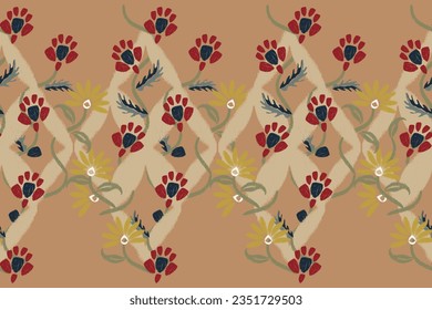 Ikat pattern flower seamless paisley embroidery with floral motifs. Ethnic pattern oriental traditional Aztec African style. Ikat pattern seamless vector illustration design for fabric, textile, rug, 