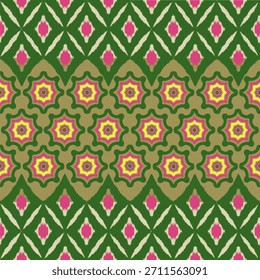Patrón de Ikat Flor y patrón cuadrado en verde y rosa sobre un fondo de tonos verdes