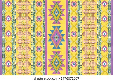 Ikat-Muster geometrische bunte ethnische traditionelle Textilien, Ikat-Teppich gewebt handgemachte Dekor Innendesign Navajo Stammes-Vektorgrafik nahtloses Muster. In: Native American Ornament. Ethnische Einrichtung im Südwesten 