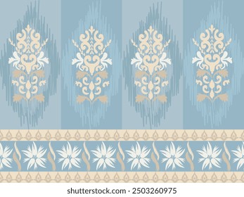 Ikat patrón dibujado a mano azul y tono blanco, Motivo étnico floral sin costuras textil, bordado, impresión de rayas ornamento, patrón floral, diseño para envolver, seda, bufanda, fondo, textil