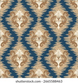 Ikat Muster handgezeichnet Blauer Ton, Motiv ethnische florale nahtlose Textil, Stickerei, Druck gestreifte Ornament floral, Muster, Design für die Verpackung, Seide, Schal, Hintergrund, Textil