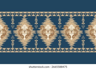 Ikat pattern hand drawn Blue tone, Motif ethnic floral seamless textil, embroidery, print striped ornament floral, pattern, design for wrapping, silk, scarf, background, textile