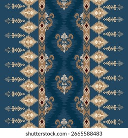 Patrón de Ikat dibujado a mano Tono azul, Motivo étnico floral sin costuras textil, bordado, impresión de rayas ornamento, patrón floral, diseño para envolver, seda, bufanda, fondo, textil