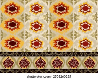 Ikat pattern hand drawn Golden brown tone, Motif ethnic  floral seamless textil,  embroidery, print striped ornament floral, pattern, design for wrapping, silk, scarf, background, textile