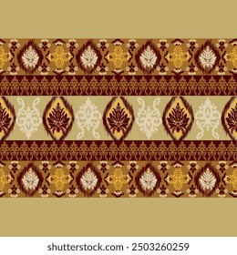 Ikat Muster handgezeichnet Goldener brauner Ton, Motiv ethnische florale nahtlose Textil, Stickerei, Druck gestreifte Ornament floral, Muster, Design für die Verpackung, Seide, Schal, Hintergrund, Textil