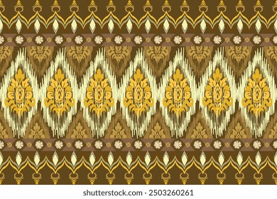 Ikat pattern hand drawn Golden brown tone, Motif ethnic  floral seamless textil,  embroidery, print striped ornament floral, pattern, design for wrapping, silk, scarf, background, textile