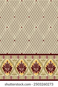 Ikat patrón dibujado a mano tono marrón dorado, Motivo étnico floral sin costuras textil, bordado, impresión de rayas ornamento, patrón floral, diseño para envolver, seda, bufanda, fondo, textil