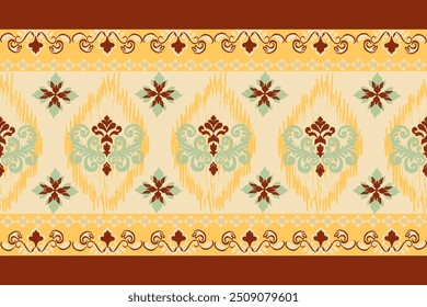 Ikat patrón dibujado a mano tono marrón dorado, Motivo étnico floral sin costuras textil, bordado, impresión de rayas ornamento, patrón floral, diseño para envolver, seda, bufanda, fondo, textil