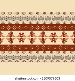 Ikat patrón dibujado a mano tono marrón dorado, Motivo étnico floral sin costuras textil, bordado, impresión de rayas ornamento, patrón floral, diseño para envolver, seda, bufanda, fondo, textil
