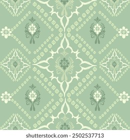 Ikat patrón dibujado a mano Tono verde, Motivo étnico floral textil sin costuras, bordado, impresión de rayas ornamento, patrón floral, diseño para envolver, seda, bufanda, fondo, textil