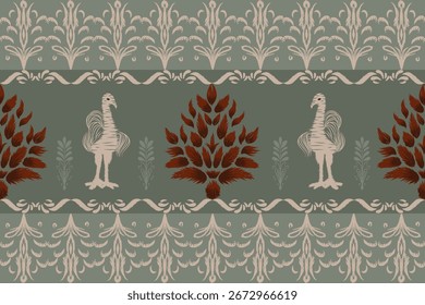 Ikat pattern hand drawn green tone, Motif ethnic floral seamless textil, embroidery, print striped ornament floral, pattern, design for wrapping, silk, scarf, background, textile