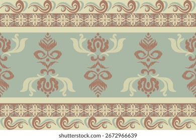 Ikat patrón dibujado a mano tono verde, Motivo étnico floral textil sin costuras, bordado, impresión de rayas ornamento, patrón floral, diseño para envolver, seda, bufanda, fondo, textil