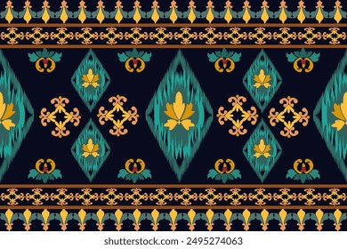Patrón de Ikat dibujado a mano, Motivo étnico floral sin costuras textil, bordado, estampado a rayas 
adorno floral, patrón, diseño para envoltura, seda, bufanda, fondo, textil, 