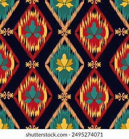 Patrón de Ikat dibujado a mano, Motivo étnico floral sin costuras textil, bordado, estampado a rayas 
adorno floral, patrón, diseño para envoltura, seda, bufanda, fondo, textil, 