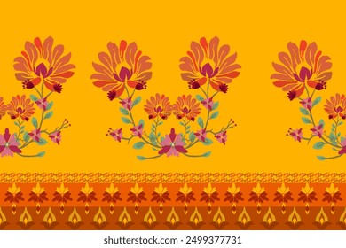 Ikat patrón dibujado a mano, Motivo étnico floral sin costuras textil, bordado, estampado de rayas ornamento, patrón floral, diseño para envolver, seda, bufanda, fondo, textil