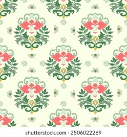 Ikat pattern hand drawn on green tone, Motif ethnic  floral seamless textil,  embroidery, print striped ornament floral, pattern, design for wrapping, silk, scarf, background, textile