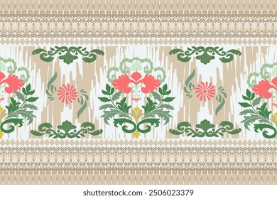 Ikat pattern hand drawn on brown tone, Motif ethnic  floral seamless textil,  embroidery, print striped ornament floral, pattern, design for wrapping, silk, scarf, background, textile