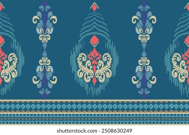 Ikat pattern hand drawn on blue tone, Motif ethnic  floral seamless textil,  embroidery, print striped ornament floral, pattern, design for wrapping, silk, scarf, background, textile