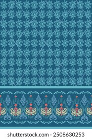 Ikat pattern hand drawn on blue tone, Motif ethnic  floral seamless textil,  embroidery, print striped ornament floral, pattern, design for wrapping, silk, scarf, background, textile