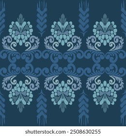 Ikat patrón dibujado a mano en tono azul, Motivo étnico floral sin costuras textil, bordado, impresión de rayas ornamento, patrón floral, diseño para envolver, seda, bufanda, fondo, textil