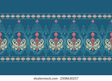 Ikat Muster handgezeichnet auf blauem Ton, Motiv ethnische florale nahtlose Textil, Stickerei, Druck gestreifte Ornament floral, Muster, Design für die Verpackung, Seide, Schal, Hintergrund, Textil