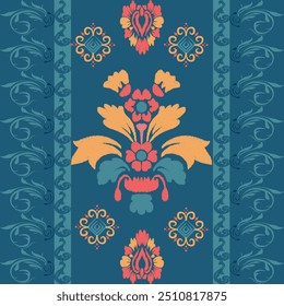 Ikat patrón dibujado a mano en tono azul, Motivo étnico floral sin costuras textil, bordado, impresión de rayas ornamento, patrón floral, diseño para envolver, seda, bufanda, fondo, textil