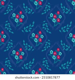 Ikat pattern hand drawn on blue tone, Motif ethnic  floral seamless textil,  embroidery, print striped ornament floral, pattern, design for wrapping, silk, scarf, background, textile