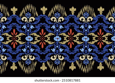 Ikat patrón dibujado a mano en tono azul, Motivo étnico floral sin costuras textil, bordado, impresión de rayas ornamento, patrón floral, diseño para envolver, seda, bufanda, fondo, textil