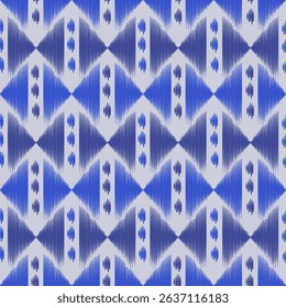 Ikat pattern modern indigo blue featuring tribal triangles and geometric minimal shapes. Seamless design blends traditional ethnic textures with contemporary aesthetics, ideal for fashion, fabric