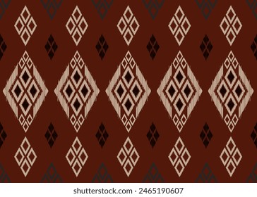 Ikat pattern on rust background.Brown and black diamond pattern.diamond shape.Geometric shape.Digital design.Ethnic.Illustration.Leaf shape.Design for clothes.Dress.Carpet.Printing.Tablecloth.Knitted.