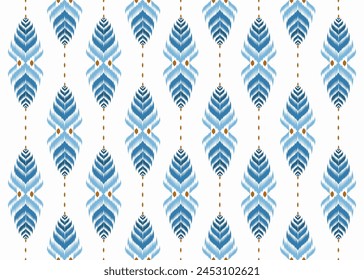 Ikat pattern on white background.Blue arrows pattern.Chevron pattern.Zigzag.Geometric shape.DIgital design.Ethnic.Illustration.Leaf shape.Design for rug.Clothes.Dress.Carpet.Printing.Tablecloth.Knit