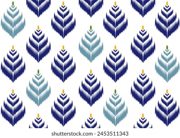 Ikat-Muster auf weißem Hintergrund.Blaues Blattmuster.Chevron-Muster.Diagonal.Geometrische Form.DIgital-Design.Ethnic.Illustration.Leaf-Form.Design für Kleidung.Dress.Carpet.Printing.TableCloth.Knitted