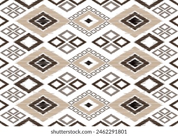 Patrón de Ikat sobre fondo blanco.Patrón de diamante marrón.Patrón de Chevron.Diagonal.Forma geométrica.Diseño digital.Seamless.Illustration.Leaf shape.Design para ropa.Dress.Carpet.Printing.Tablecloth.Knit