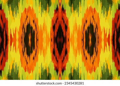 Patrón de ikat en un patrón étnico naranja y verde. Antiguo folclórico tradicional ornamentado elegante fondo de lujo. Diseño de impresión para textura de tela textil fondo de fondo de papel tapiz.