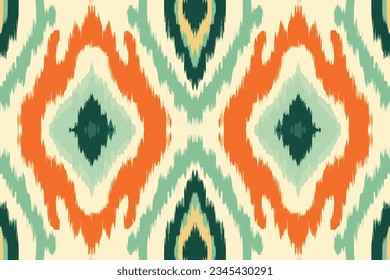 Ikat pattern in orange and green ethnic pattern. Traditional folk antique ornate elegant luxury background. Print design for fabric texture textile wallpaper background backdrop.