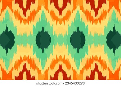 Patrón de ikat en un patrón étnico naranja y verde. Antiguo folclórico tradicional ornamentado elegante fondo de lujo. Diseño de impresión para textura de tela textil fondo de fondo de papel tapiz.