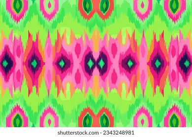 Motif d'ikat dans un motif ethnique rose et vert. Traditionnelle folk antique ornée d'un arrière-plan élégant et luxueux. Création d'impression pour fond d'écran textile de texture.