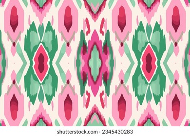 Ikat pattern in pink and green ethnic pattern. Traditional folk antique ornate elegant luxury background. Print design for fabric texture textile wallpaper background backdrop.
