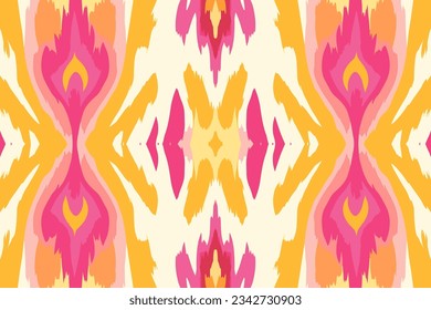 Ikat pattern in pink and yellow ethnic pattern. Traditional folk antique ornate elegant luxury background. Print design for fabric texture textile wallpaper background backdrop.