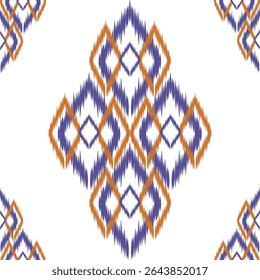 Ikat pattern with repeating red, blue, and white diamond shapes. ideal for background, packaging, fabric prints, and contemporary product design.