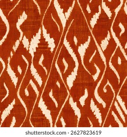 Ikat pattern in rust orange and white, symmetrical diamond shapes. grunge lines ikat pattern, striped seamless pattern, Vector illustration background for print the paper.