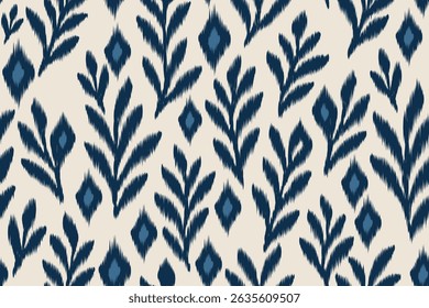Ikat pattern seamless blue textile design with leafy abstract floral ornaments. Traditional ethnic fabric motif perfect for fashion, home decor, wallpaper, crafts, wrapping, and surface design.