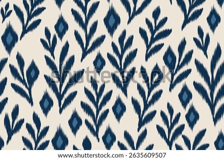Ikat pattern seamless blue textile design with leafy abstract floral ornaments. Traditional ethnic fabric motif perfect for fashion, home decor, wallpaper, crafts, wrapping, and surface design.