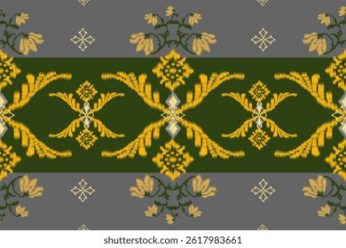 Padrão Ikat, padrão floral de damasco horizontal sem costura, flores amarelas, estrelas amarelas em listras em fundo verde e cinza.