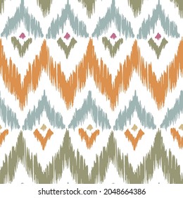 Ikat pattern seamless repeat vintage decor textile design organic hand made batik modern and
trendy boho blue brown orange green